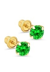 engaging gold round cubic zirconia May birthstone baby earrings